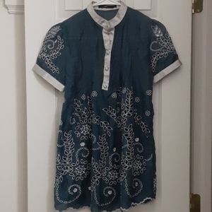 Anthropologie teal silk blend top w/ eyelet design